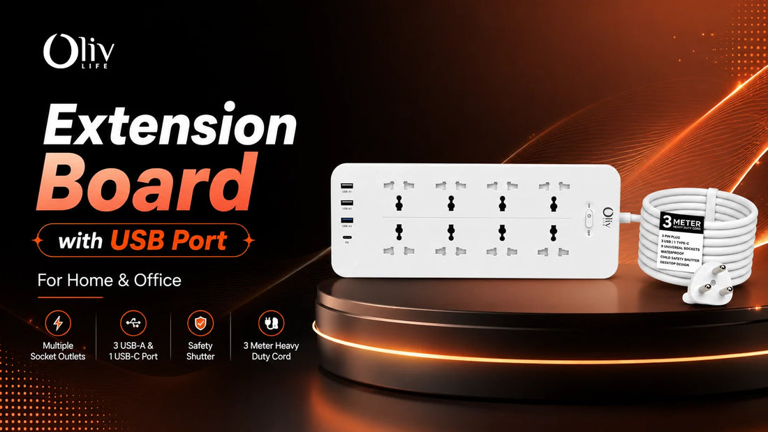  OlivLife Oliv-OneHub 8-socket extension board with USB-A and Type-C PD ports on a home office desk