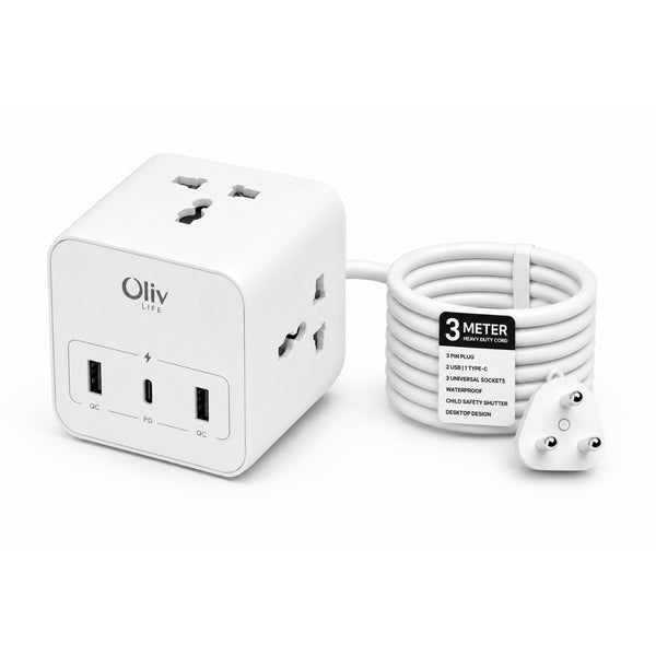 OlivLife POWERHUB 20 6  Socket Extension Boards (White, 2.5 m, With USB Port)
