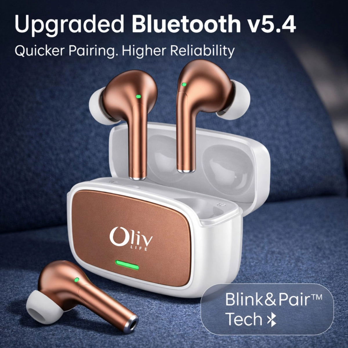 OlivLife Velo ANC wireless earbuds being worn – best earbuds for calling with 4-mic ENC and 30-hour battery
