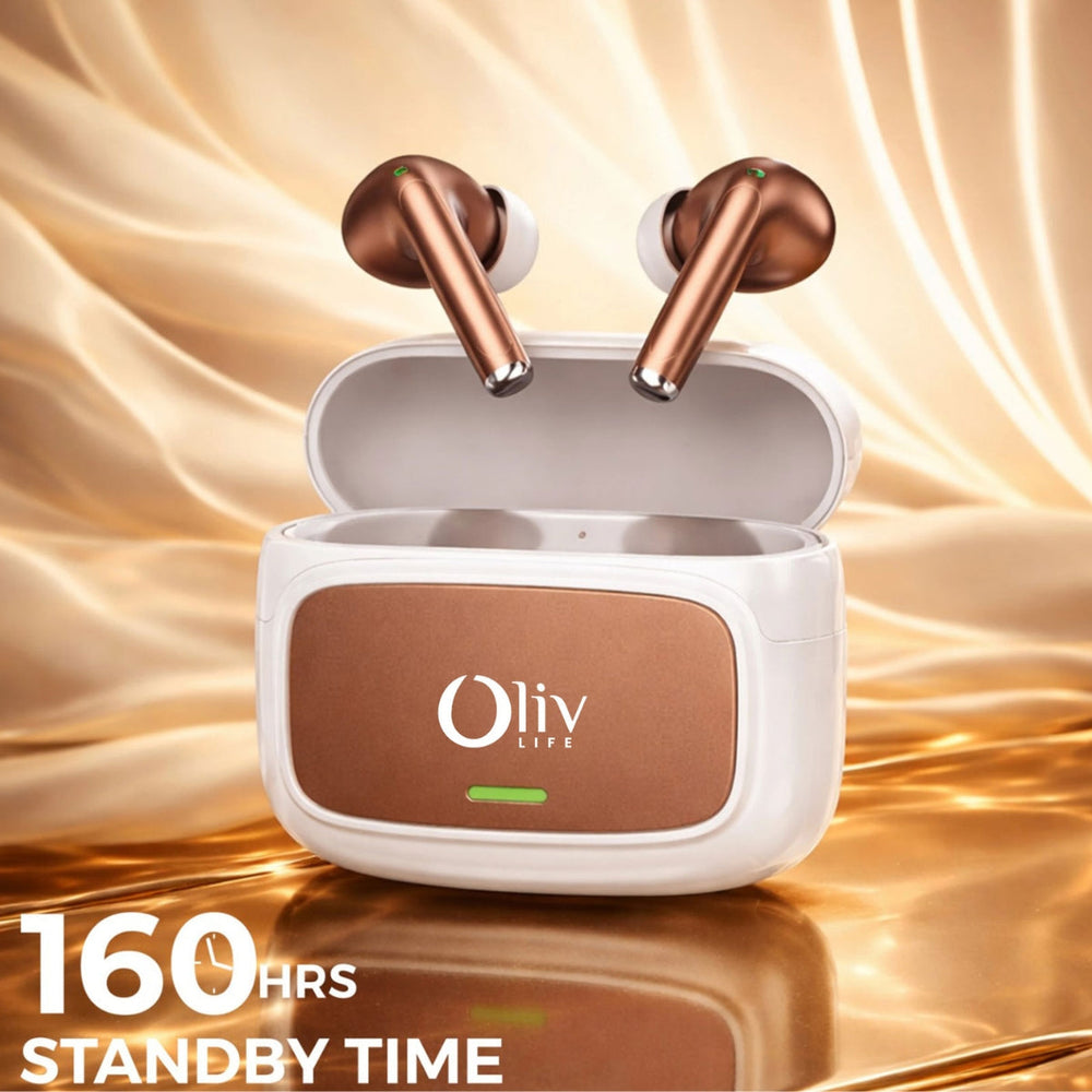 OlivLife Velo ANC wireless earbuds being worn – best earbuds for calling with 4-mic ENC and 30-hour battery
