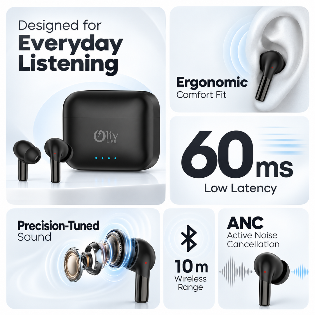 OlivLife Airdopes OL165 Wireless Earbuds with Deep Bass & IPX5 | Low Latency Gaming Mode