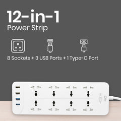 OlivLife 12-in-1 Extension Board with 8 Sockets, 3 USB & 20W Type-C PD Fast Charging (2500W)