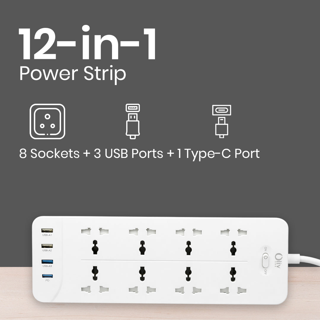 OlivLife 8-socket extension board with 4 USB ports powering 12 devices – best heavy-duty extension board with USB for multiple devices India
