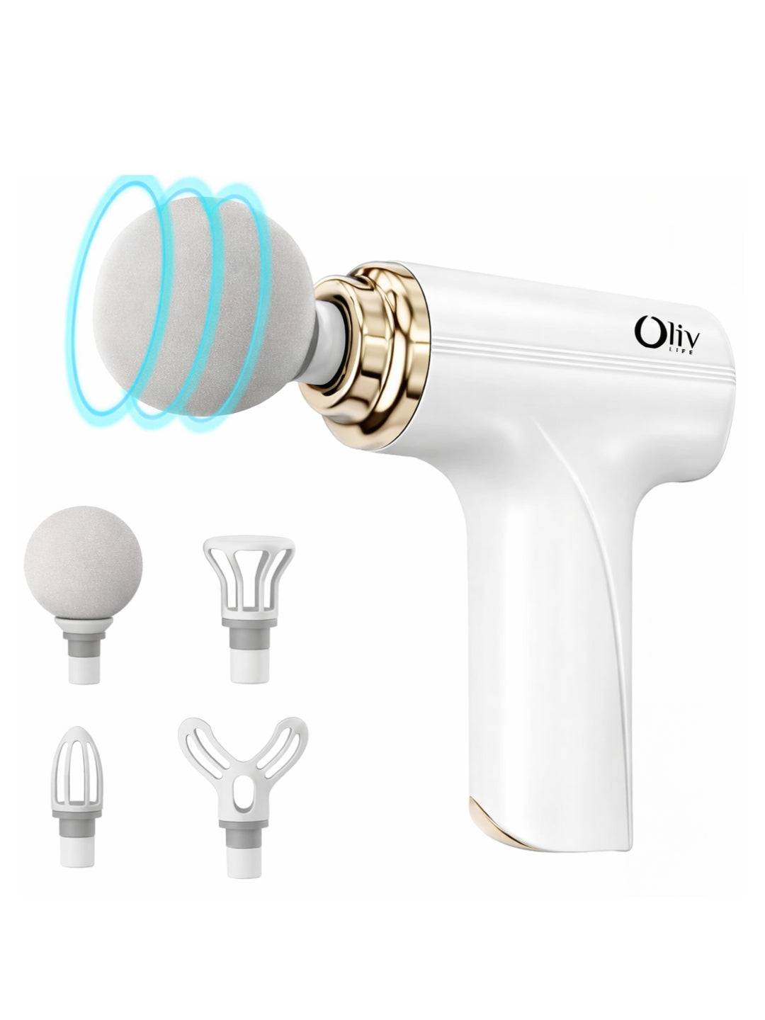 OlivLife Massage Gun for Back Pain – Cordless Rechargeable Deep Tissue Massager, 6 Speed, 4 Heads