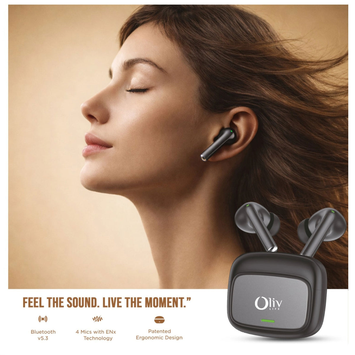 OlivLife Velo Wireless Earbuds with charging case – Hybrid ANC, deep bass Bluetooth earbuds under 1000 rupees
