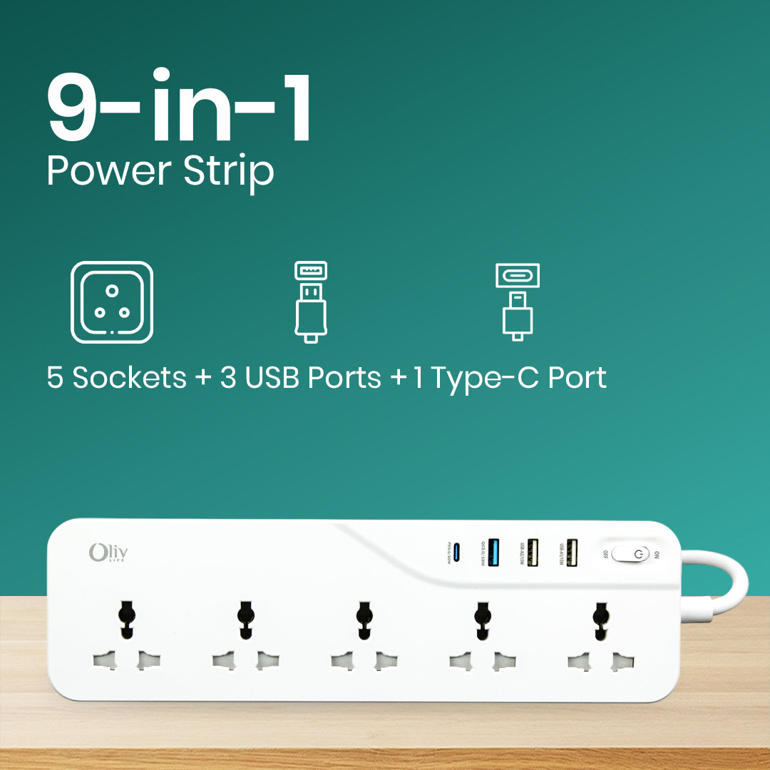OlivLife extension board wall-mounted – heavy-duty 3-metre cord extension board with USB port for home office and bedroom India
