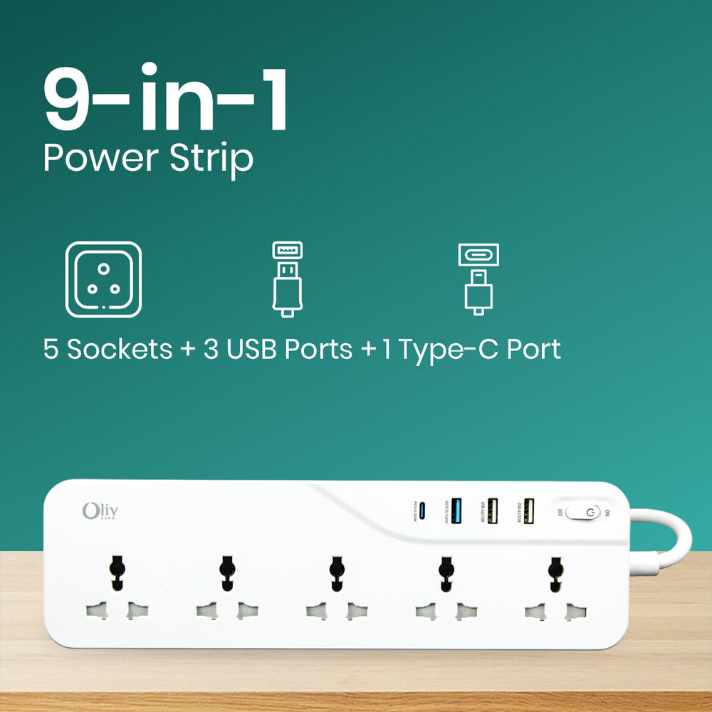 OlivLife extension board wall-mounted – heavy-duty 3-metre cord extension board with USB port for home office and bedroom India
