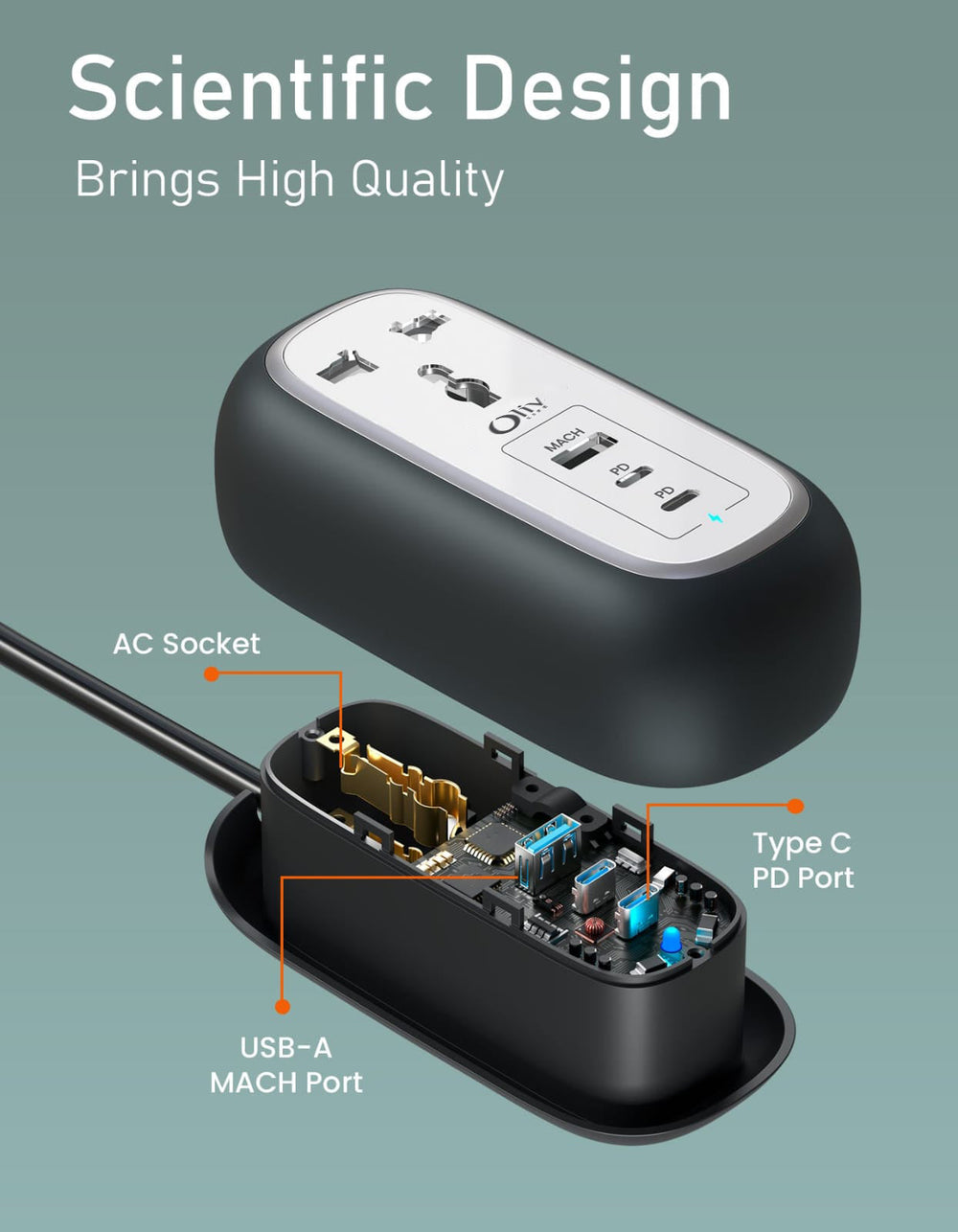 OlivLife Oval 5-in-1 desktop extension board white – AC sockets, USB-A QC and USB-C PD fast charging compact power strip with USB port India
