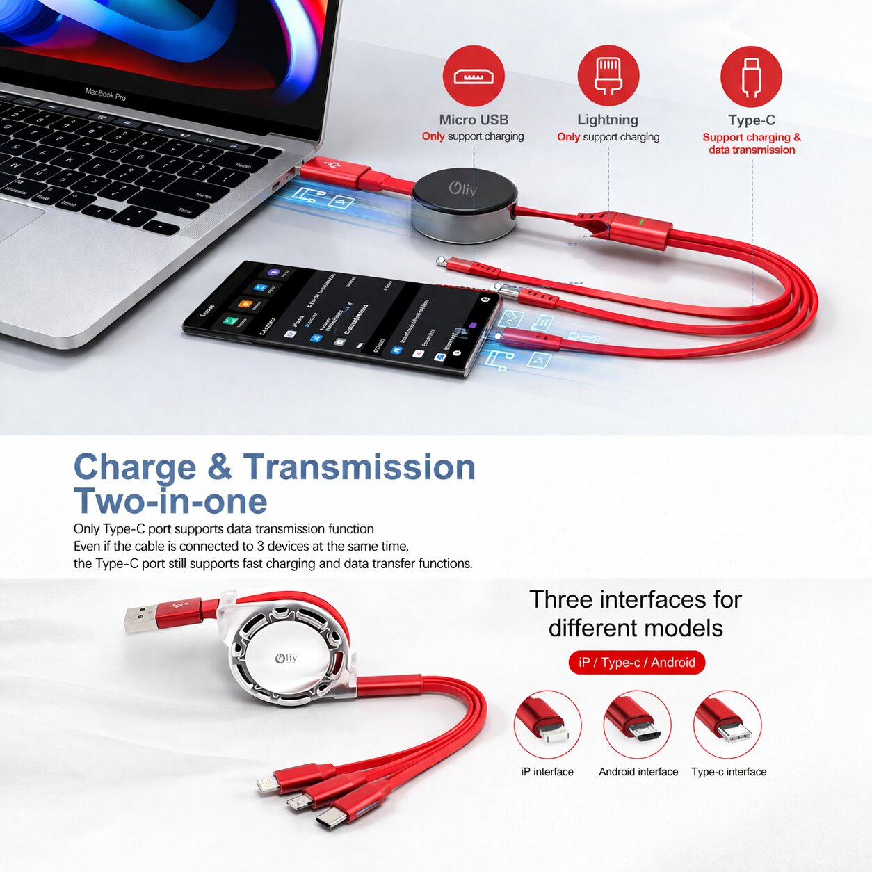 OlivLife 3-in-1 Fast Charging Cable | USB to Lightning, USB-C & Micro-USB