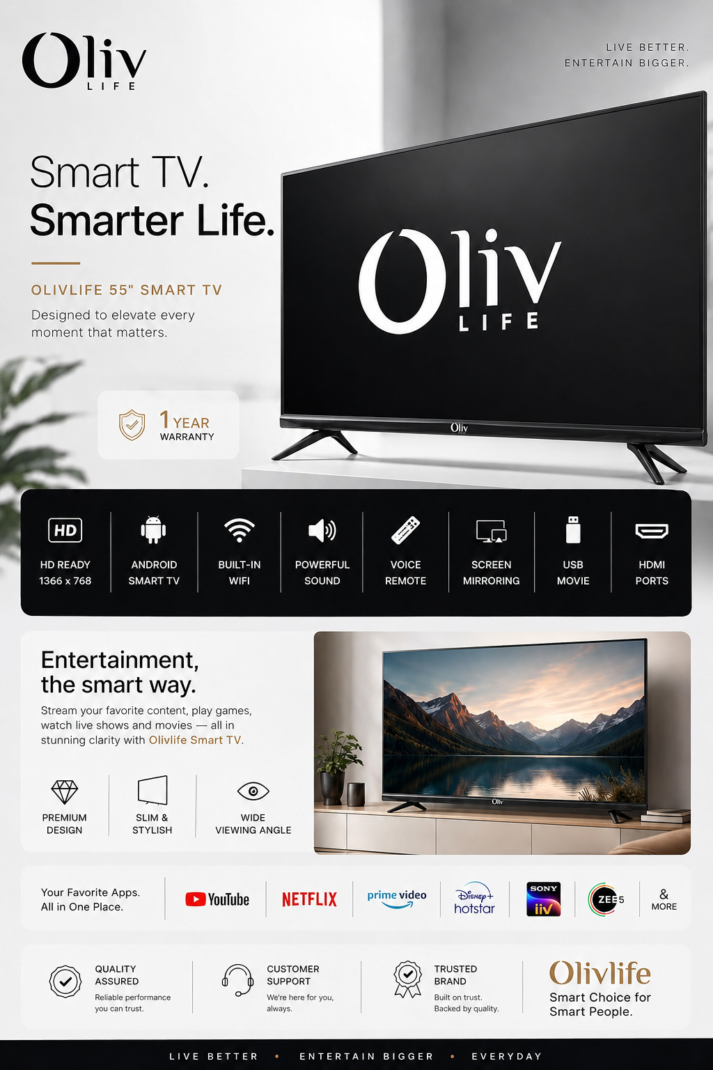 OlivLife 55 Inch 4K Ultra HD Smart Google LED TV | Dolby Audio with Voice Remote | Black