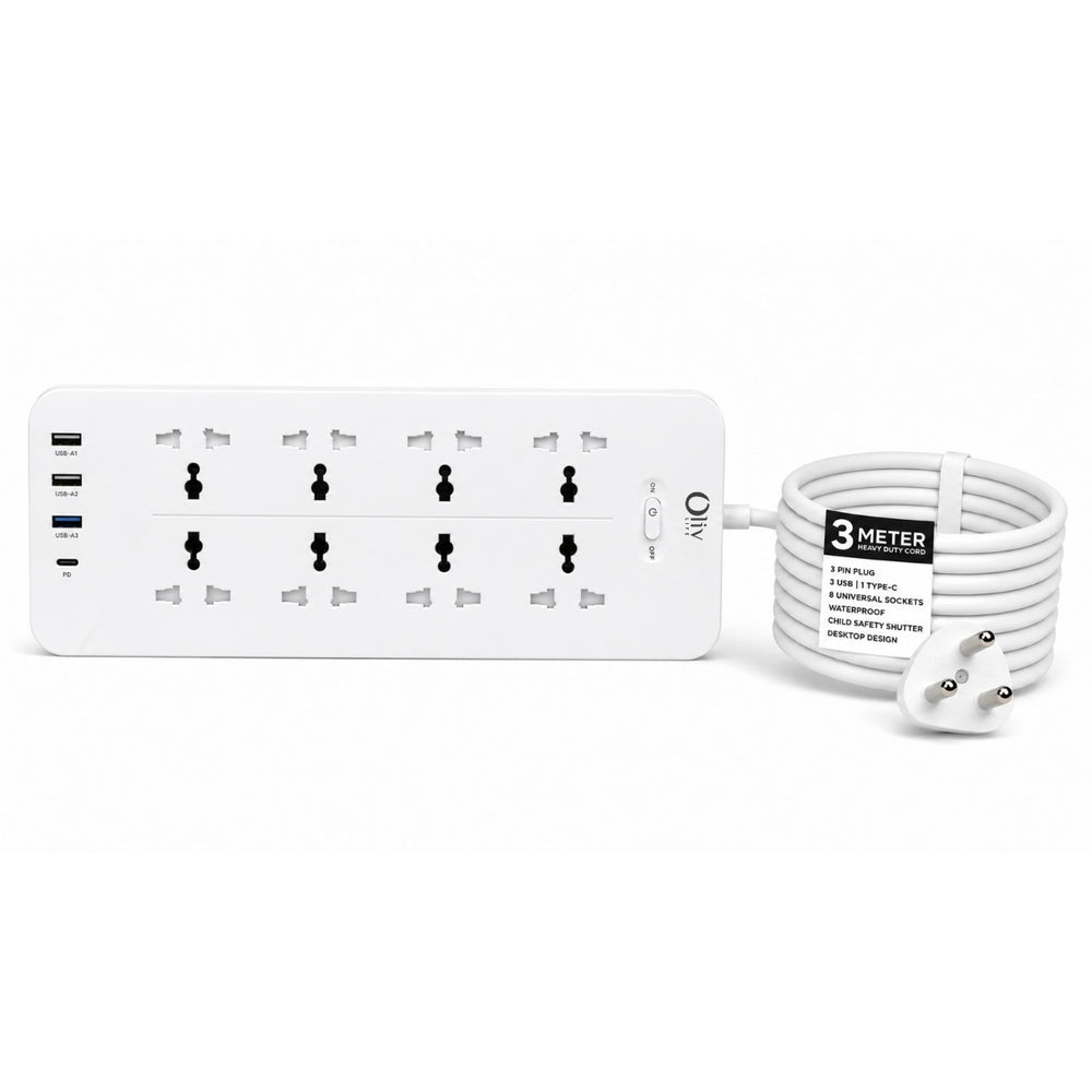 OlivLife Oliv-OneHub extension board with 8 sockets 3 USB-A 20W Type-C PD – best extension board with USB India