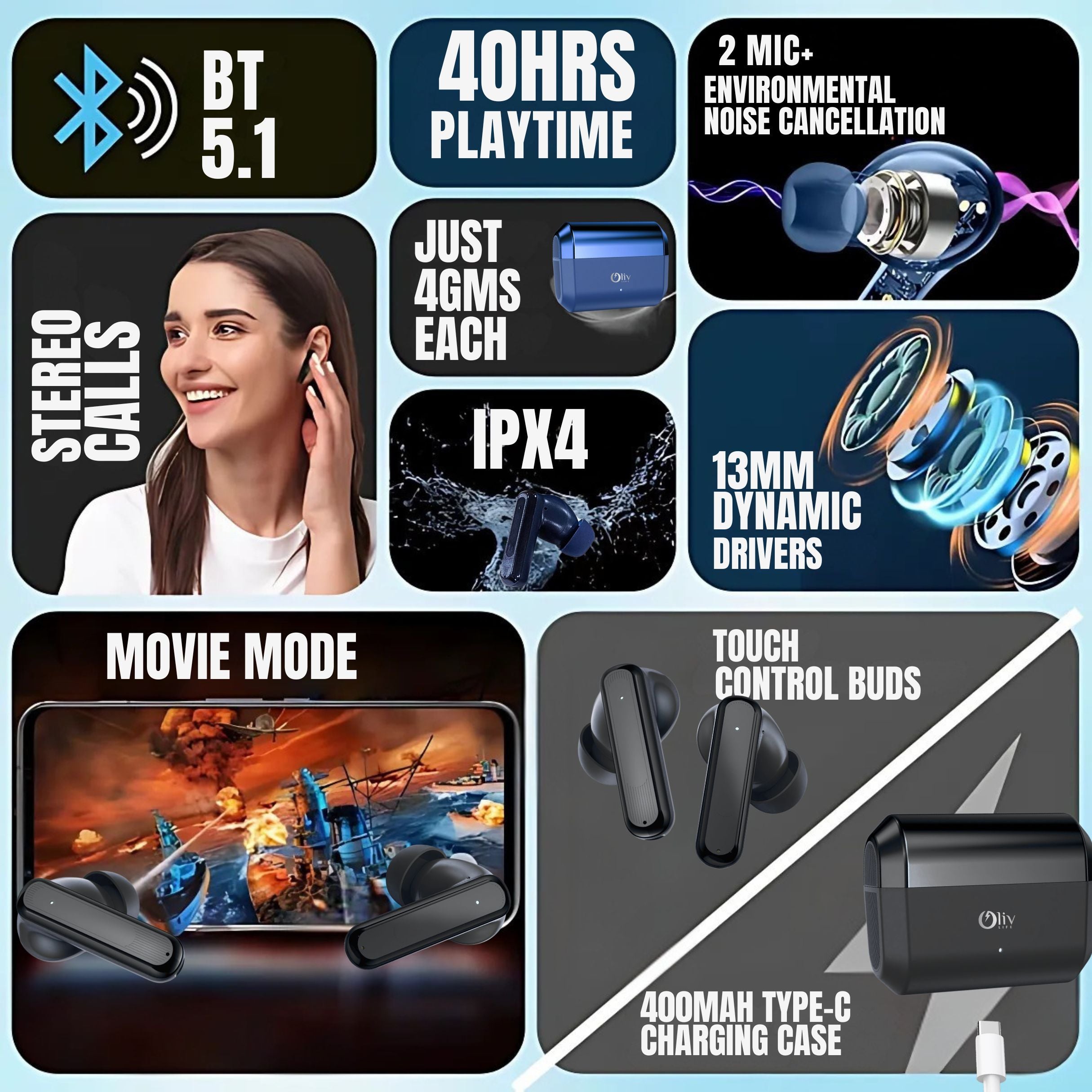 OlivLife AURA Wireless Earbuds (Black) Cheq