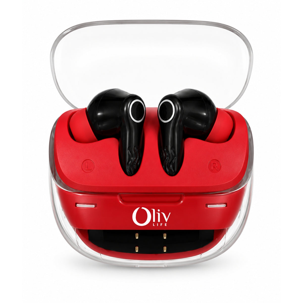 OlivLife Nero earbuds with compact charging case