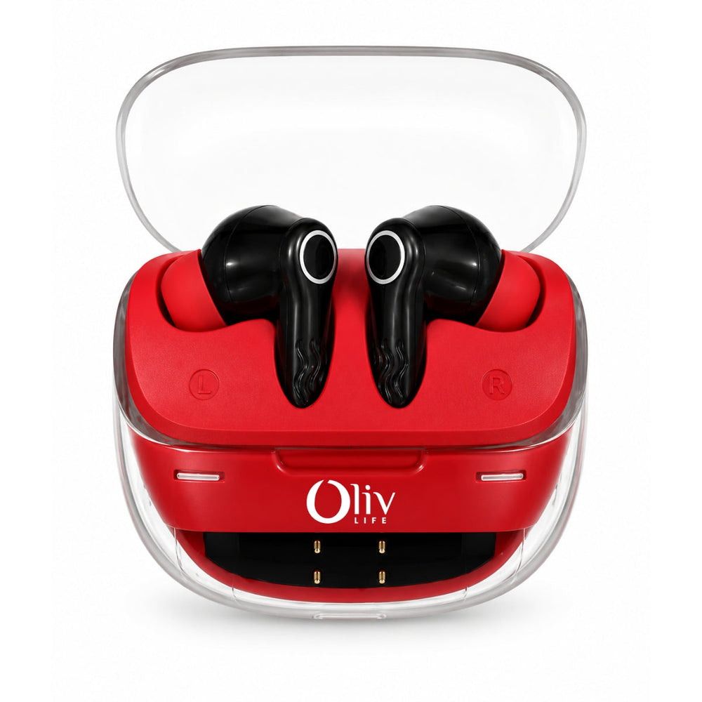 OlivLife Nero earbuds with compact charging case
