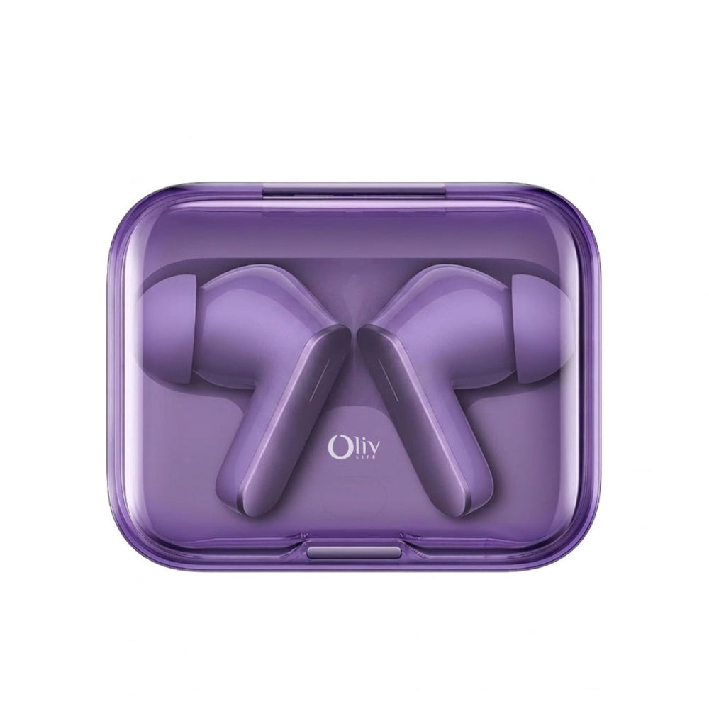 OlivLife Rivo wireless earbuds being worn – half in-ear ergonomic design for all-day comfort and clear calling
