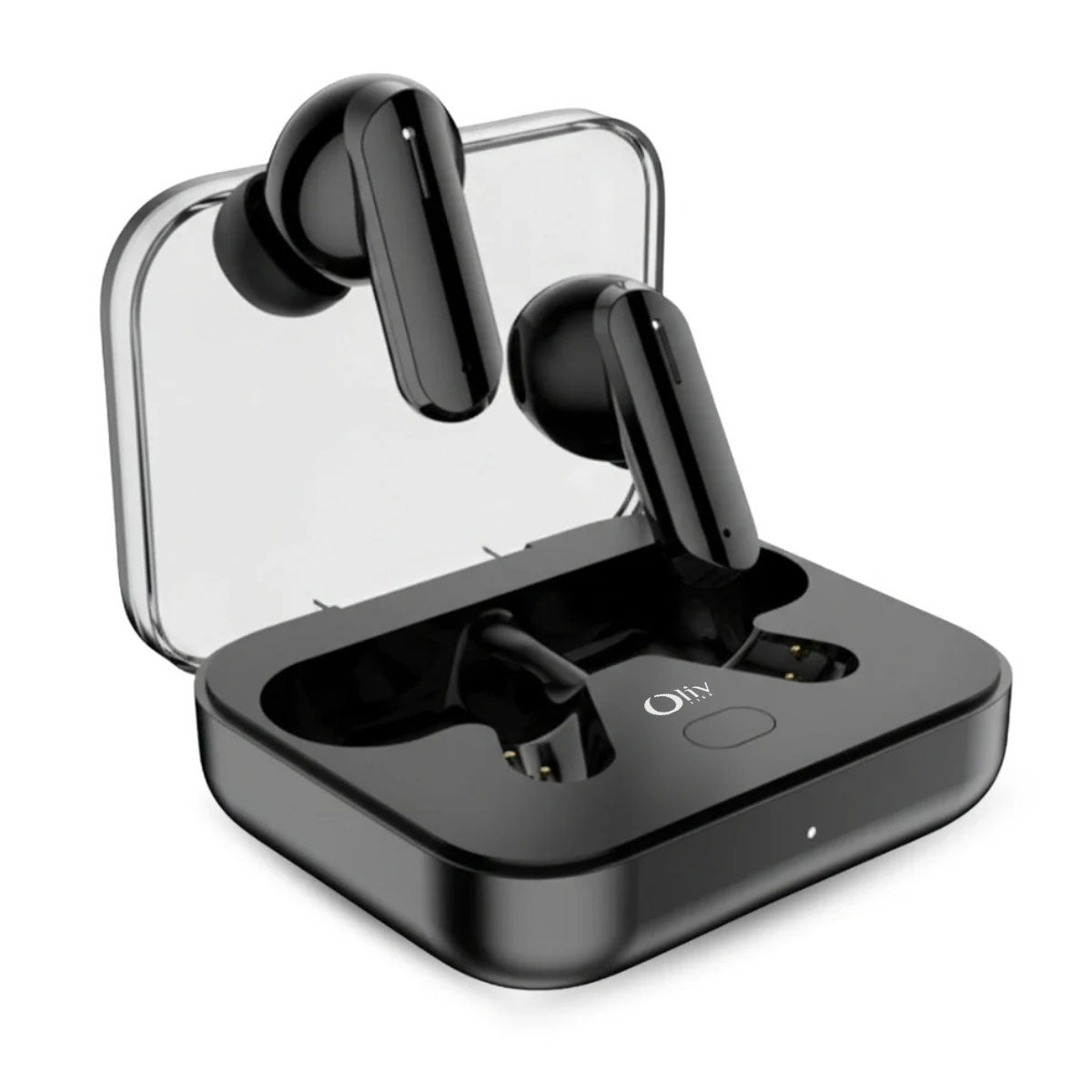 OlivLife Rivo wireless earbuds being worn – half in-ear ergonomic design for all-day comfort and clear calling

