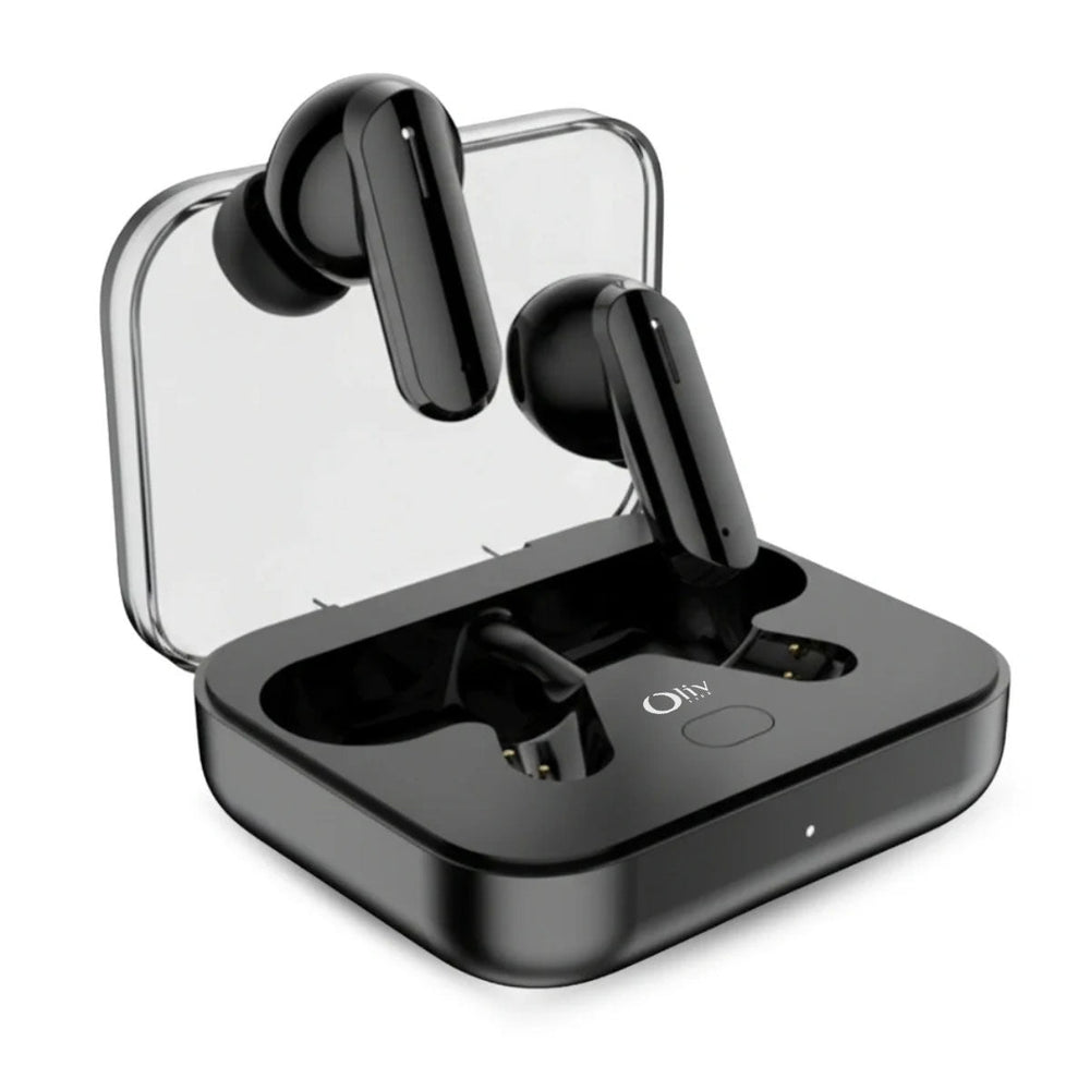OlivLife Rivo wireless earbuds being worn – half in-ear ergonomic design for all-day comfort and clear calling
